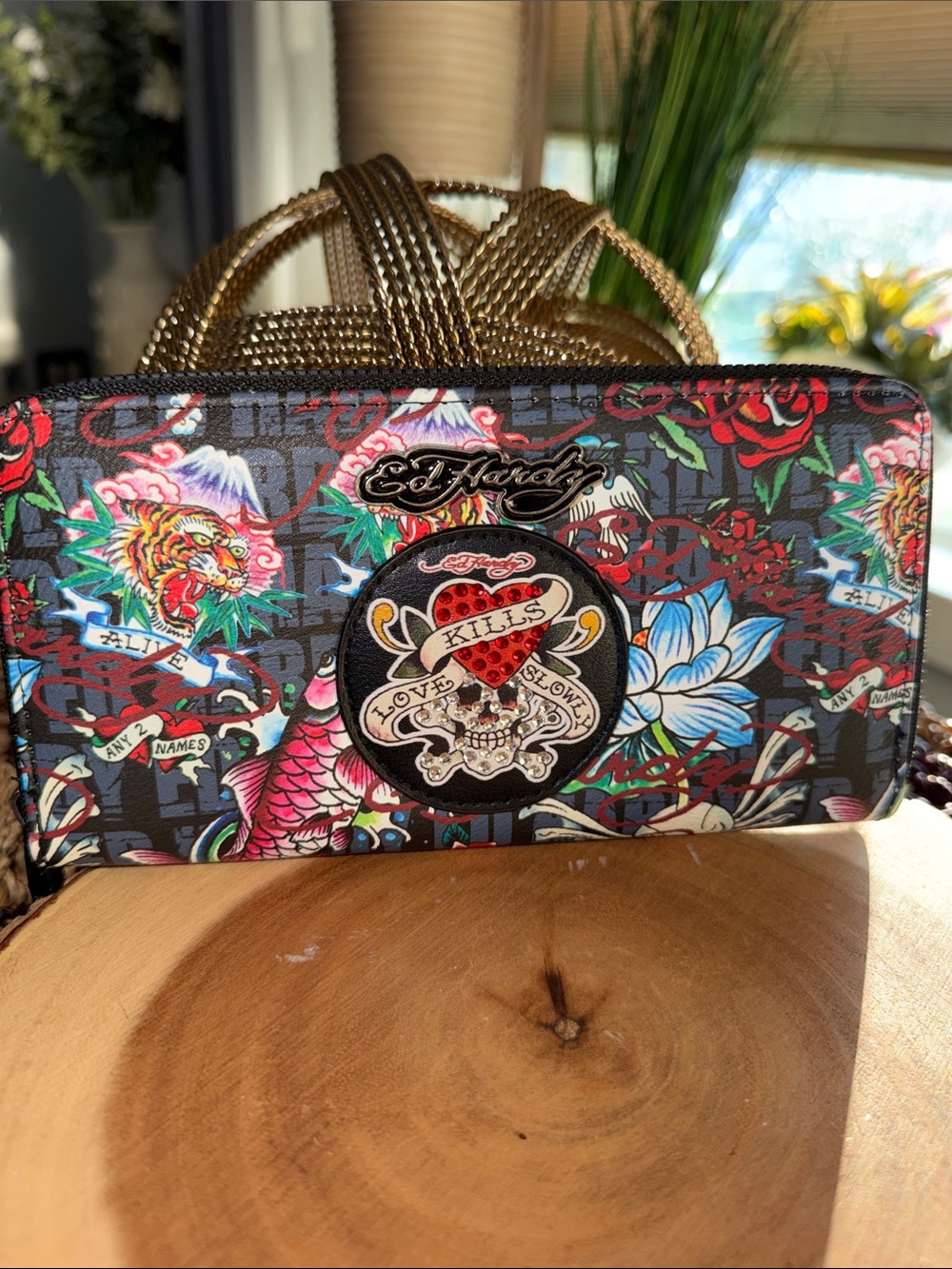 Ed Hardy Love Kills Slowly Zip Around Wallet Y2K Tattoo Skull Tiger Koi Rhinesto